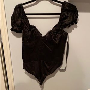 Black Satin Puff Sleeve Frill Bust Bodysuit (NWT)